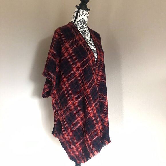 NWT Ann Taylor LOFT Modern Plaid Wrap - Navy Blue Orange/Red - Size X/XL - Picture 7 of 9